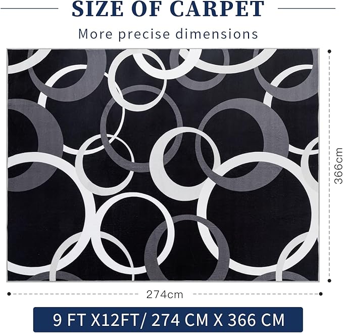 YIHOUSE 9x12 Ft Area Rugs, Concentric Circle Carpet Washable Rug, Black and White Geometric Design Rug for Extra Large Living Rooms, Great Rooms, Commercial Spaces Office Decor, Nonslip Non-Shedding