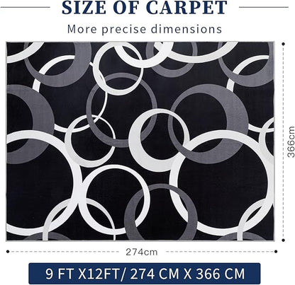 YIHOUSE 9x12 Ft Area Rugs, Concentric Circle Carpet Washable Rug, Black and White Geometric Design Rug for Extra Large Living Rooms, Great Rooms, Commercial Spaces Office Decor, Nonslip Non-Shedding