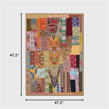 Vintage Boho Area Rugs Multicolor Ethnic Style Geometric Splicing Carpets Bedroom Living Room Kitchen Floor Mats Indoor Outdoor Non-Shedding Runner Rug Home Décor Carpet 4' X 4'