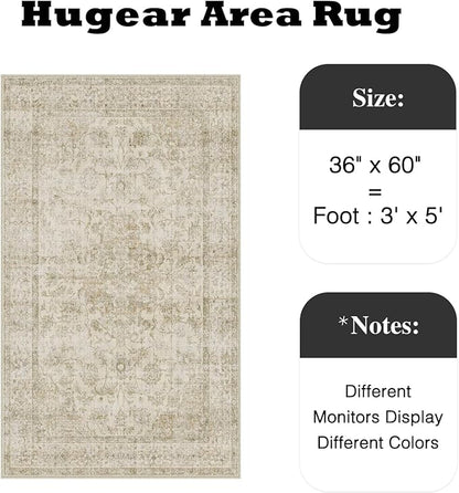 HUGEAR 3x5 Entryway Area Rug Retro Beige Small Rug Machine Washable Door Mat Vintage Floral Low Pile Carpet Distressed Throw Rug Entrance Kitchen Bedroom Bathroom Office Non Slip Soft Lightweight