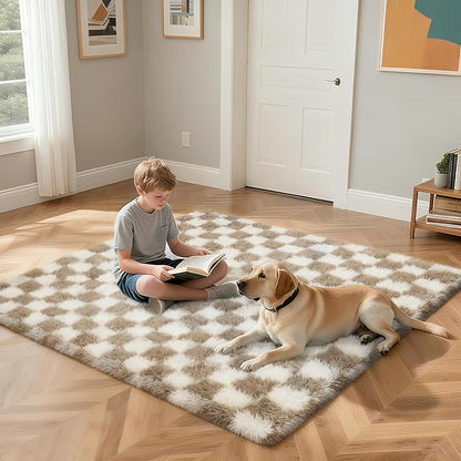 Checkered Rug for Bedroom, 5x8 Beige and White Area Rugs, Classic Checkered Carpets Shaggy Area Rug, Bedside Rugs for Living Room Bedroom Kids Room Home Decor