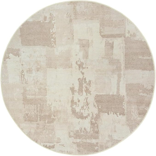 GLN Rugs Contemporary Collection - Machine Washable Area Rug, Contemporary Washable, Non Slip, Low Pile Chenille Rug, Living Room, Bedroom, Kitchen Rug (5'3" Round Abstract Tan)
