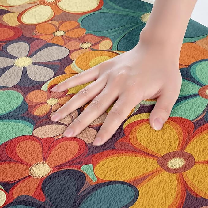 Erosebridal Groovy Flower Bathroom Rugs 70s Party Bath Mat Rainbow Floral Non Slip Bath Rugs Boho Hippie Fluffy Plush Rugs 20x32 Vintage Retro Party Shower Carpet for Girl Woman