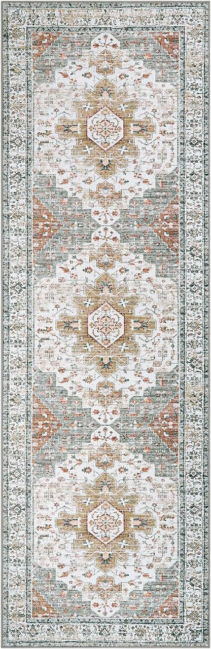 Moynesa Ultra-Thin Washable Runner - 2'6" x 8' Hallway Rug, Kitchen & Bathroom Carpet, Vintage Printed Low Pile Entryway Runner for Apartment, Camper, RV, Beige/Gold