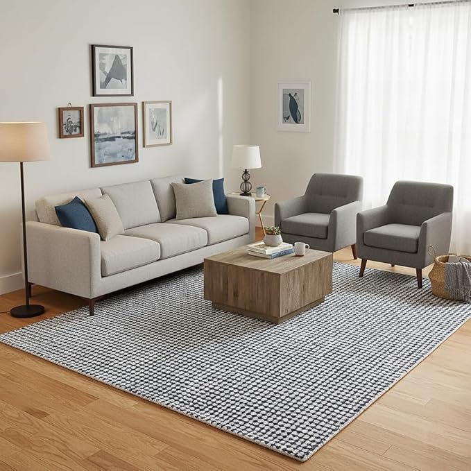 Hand-Tufted 100% Wool Pile Area Rug – Geometric Textured Grid Check Pattern – Thick and Durable Floor Carpet for Bedroom, Living Room, Kids Room, and Dining Area (Charcoal Gray, 10' x 13')