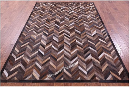 Modern Design Premium Cowhide Leather Carpet with Chevron Pattern, Area Rug (Natural Multi Brown, 4x6)