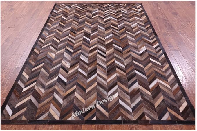 Modern Design Premium Cowhide Leather Carpet with Chevron Pattern, Area Rug (Natural Multi Brown, 9'6"x14'0)