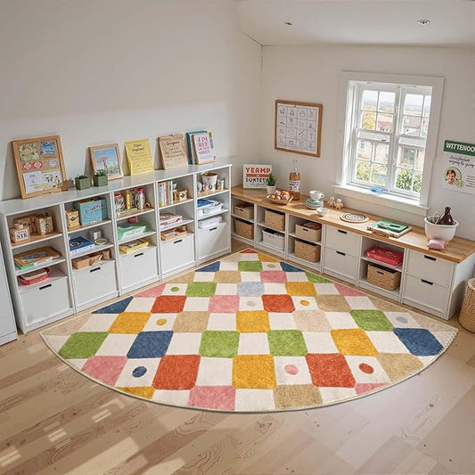jinchan Macy Kids Rug for Classroom 7ft Radius Corner Washable Area Rug Modern Colorful Quarter Circle Rug Soft Non-Slip Carpet for Nursery Playroom Daycare Reading Nook Living Room Circus on Cream