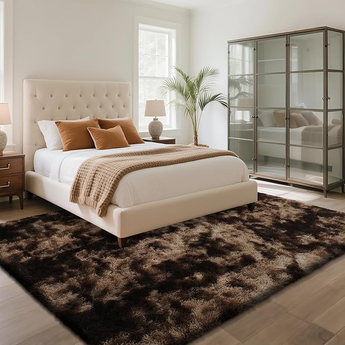 Fluffy Rug Shaggy Area Rug, Mottling Brown 9x12 Area Rugs for Living Room, Large Shag Area Rugs for Bedroom Kids Room Home Decor, Upgrade Anti-Skid Rectangular Fuzzy Rugs