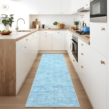 RUGSREAL Modern Runner Rug 2.5x8 Stain Resistant Washable Kitchen Runner Carpet with Rubber Backing Low Pile Contemporary Solid Color Entryway Mat Ultra Soft Rug for Living Room Bedroom, Blue