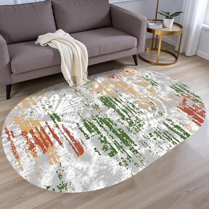 Distressed Abstract Art Aesthetic Deco Indoor Oval Rugs 6x8 for Living Room Bedroom Dining Room Soft Non Skid Easy Clean Big Carpet Nursery Dorm Farmhouse Rustic Grey Green Tie-Dye Texture Area Rug