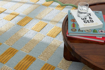 Hand-Tufted Wool Rug with Scalloped Edges, Light Blue Plaid Pattern, Cozy Soft Area Rug for Living Room, Bedroom, and Nursery, Handmade Modern Accent Rug, 6x6 Ft (Square)