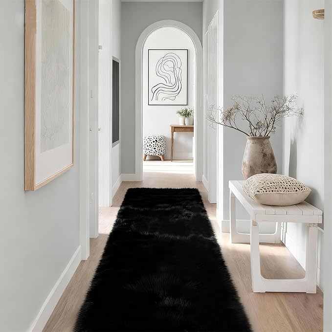 2x6 Solid Fluffy Black Area Rug – Washable, Durable, Small Bedroom Runner Rug, Non-Slip Shag Rugs for Hallway, Living Room, Bedroom, Bedside, Dorms, Kids Room, Nursery Rooms, Soft Indoor Carpet
