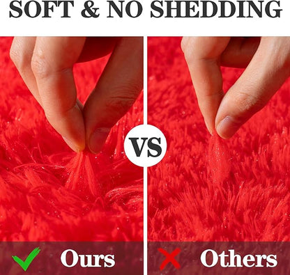 Soft Fluffy Area Rug for Bedroom, Red Fuzzy Shaggy Oval Throw Rugs for Bedside, Non-Slip Cozy Plush Shag Carpet for Kids Room Dorm Nursery Living Room, 2.6 x 5.3 Feet