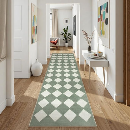 Lahome Checkered Washable 2x8 Green Runners for Hallways Non Slip, Ultra-Thin Kitchen Bathroom Runner Rugs, Moroccan Trellis Throw Carpet Runner for Bedroom Entryway Decor (2'x8',Green)