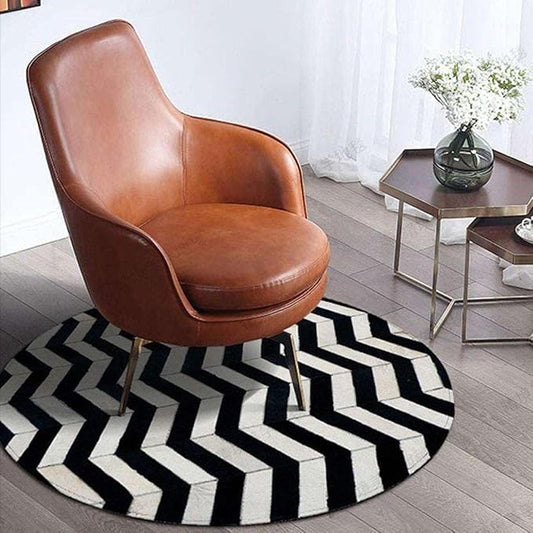 Round Cowhide Rug Black and White – Handmade Genuine Leather Chevron Patchwork Carpet – Modern Luxury Hide Area Rug for Living Room Bedroom Office Rustic Farmhouse Home Décor, (6×6ft)