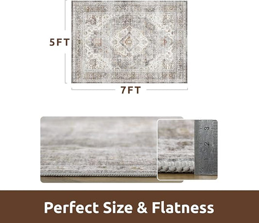 AMOAMI-Area Rug 5X7 Rugs for Living Room-Vintage Soft Grey Rugs for Bedroom-Non Slip Carpet-Machine Washable Rug for Dining Room Living Room Bedroom Office Under Table