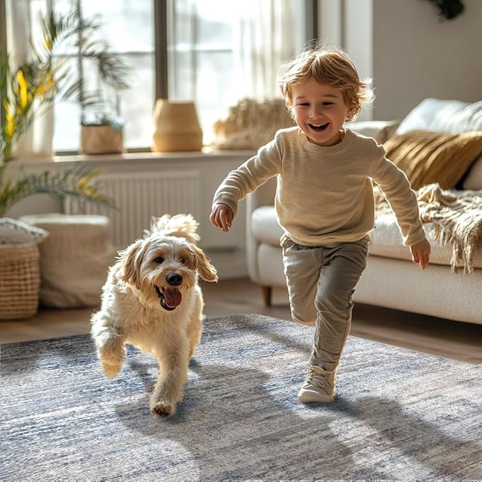 Bavni 5x7 Rug, Machine Washable Rug Non-Slip, Soft Modern Lightweight Area Rug, Stain Resistant Rugs for Living Room, Bedroom, Dining Room, Blue/Light Grey