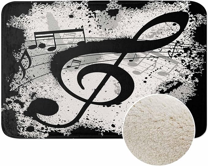 Music Notes Bath Mats for Bathroom Vintage Design Grunge Art Black Ground Silhouette Ink Splatter Floor Bath Rugs Machine Washable Bathmat Carpet Rug Room Decor for Shower Floor 16 X 24 inch Mat