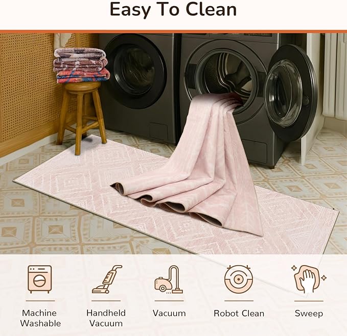Area Rug 5x7 Rug Machine Washable Non-Slip Low Pile Print Pattern Western Rug for Living Room Bedroom Entryway Tribal Series -Light Pink/Cream