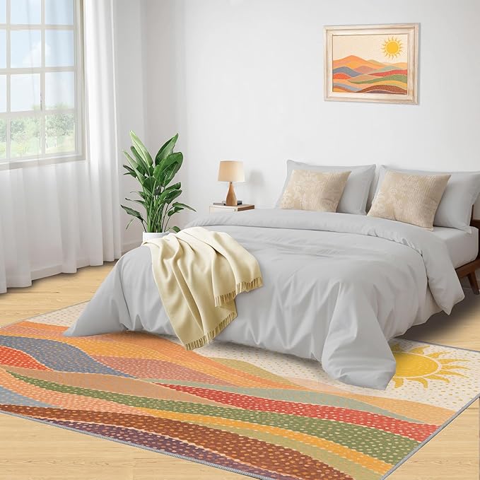 Boho Sun Area Rugs 4x5ft, Mosaic Sunburst Kids Play Rug, Dotted Gradient Hills Throw Rugs Bedroom Fluffie Soft for Coffee Shop Living Room Under Table Game Room