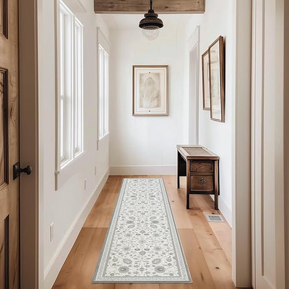 EVERGRACE Hallyway Area Runner Rugs 2x8, Boho Floral Faux Wool Indoor Outdoor Rugs, Washable Rugs for Bedroom Dining Room Living Room Kitchen, Low Pile Floor Mat Carpet for Home Decor, Cool Gray
