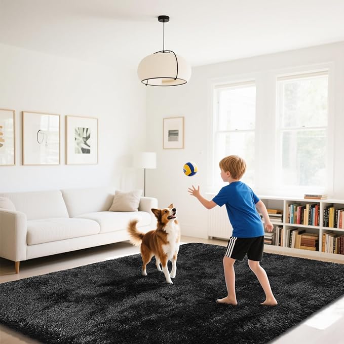 Fluffy Rug Shaggy Area Rug, Black 8x10 Area Rugs for Living Room, Large Shag Area Rugs for Bedroom Kids Room Home Decor, Upgrade Anti-Skid Rectangular Fuzzy Rugs