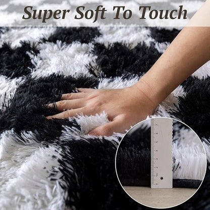 4x6 Area Rugs for Living Room Bedroom, Soft Fluffy Shaggy Bedside Rug, Indoor Floor Carpet for Kids Playroom, Dorms, Nursery Rooms, Home Decor (Black & White 4'x6')