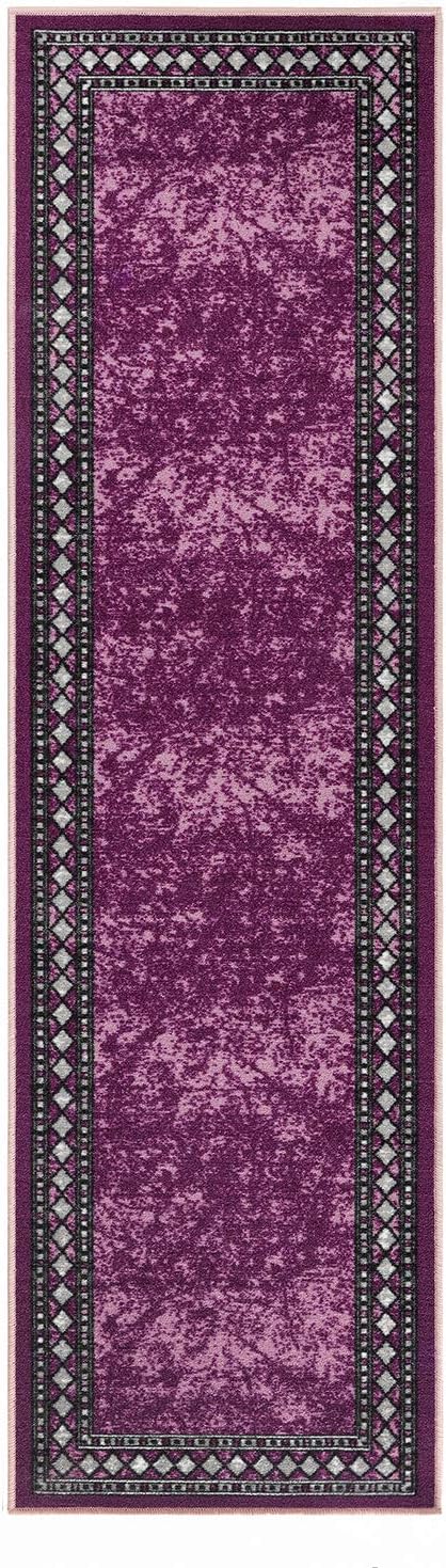 Antep Rugs Alfombras Modern Bordered 2x10 Non-Skid (Non-Slip) Low Profile Pile Rubber Backing Indoor Area Runner Rugs (Purple, 2' x 10')