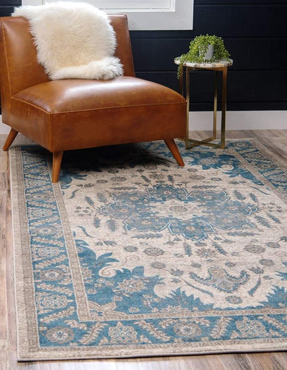 Unique Loom Salzburg Collection Classic Traditional Design Oriental Inspired Border Area Rug (3' 3 x 5' 3 Rectangular, Beige/Blue)