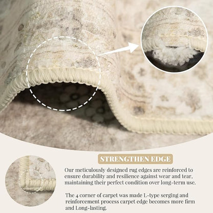MUJOO Beige Round Rug 5ft,Circle Washable Area Rugs for Bedroom Living Room Bathroom,Boho Vintage Bohemian Distressed Farmhouse Large Non Slip Circular Carpet,Floral