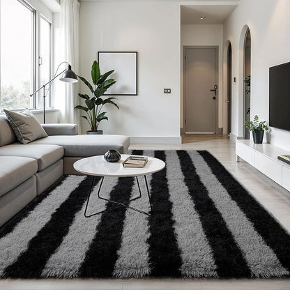 Zentavio Area Rugs for Living Room Large Rugs for Bedroom 6x9 Carpet Fluffy Fuzzy Soft Shag Aesthetic Plush High Pile Gray Throw Rug for Nursery Kids Room Dorm Horizontal Stripes Black Grey