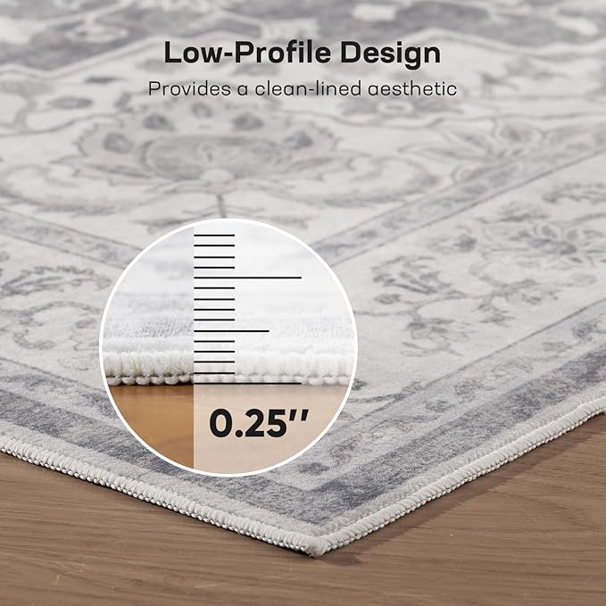 Marsail 9x12 Washable Area Rug, Soft & Slip-Resistant Large Area Rug with Reinforced Bound Edges, Vintage Short-Pile Washable Rug with Floral Pattern for Living Room, Dinning Room and Bedroom, Grey