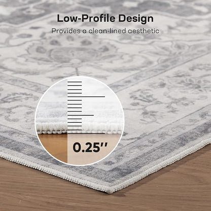 Marsail 9x12 Washable Area Rug, Soft & Slip-Resistant Large Area Rug with Reinforced Bound Edges, Vintage Short-Pile Washable Rug with Floral Pattern for Living Room, Dinning Room and Bedroom, Grey