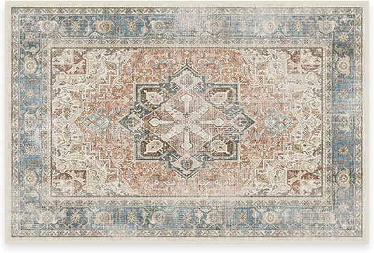 RUGGABLE Washable Vintage Area Rug – Kamran Coral 2x3, Stain-Resistant, Non-Slip – Small Machine Washable Rugs for Living Room, Bedroom, Hallway, Entryway & Bathroom–with Standard Pad