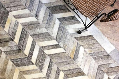 Chevron Pattern Faux Cowhide Area Rug | Non-Slip Leather Carpet for Living Room, Bedroom, and Office | Modern Designer Rug for Home Décor(3x8 ft_Grey)