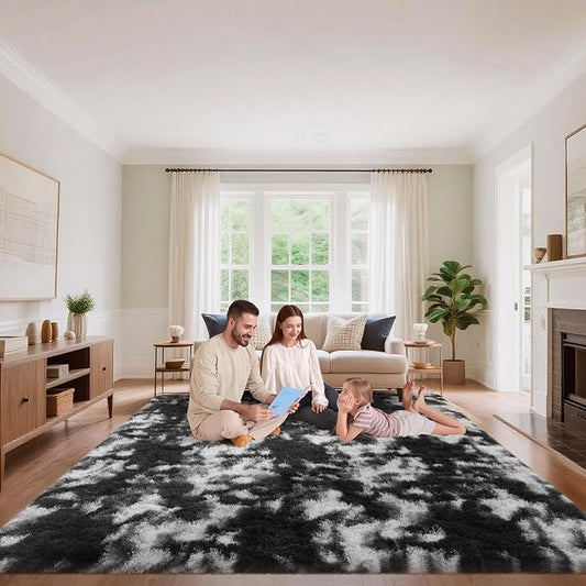 Area Rugs 9x12 Living Room, Fluffy Large Rugs for Bedroom, Soft Shag Fuzzy Non-Slip Carpet for Kids Boys and Girls Nursery Room Dorm Indoor Home Decor (Black and White, 9ft x 12ft)