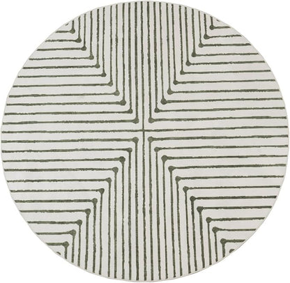 GLN Rugs Contemporary Collection - Machine Washable Area Rug, Contemporary Washable, Non Slip, Low Pile Chenille Rug, Living Room, Bedroom, Kitchen Rug (5'3" Round Green Beige)