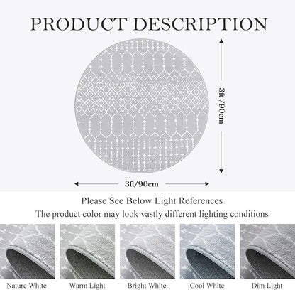 Lahome Moroccan Round Washable Rug 3Ft Small Circle Soft Non-Slip Grey Bathroom Rug, Stain Resistant Low Pile Entryway, Modern Geometric Print Indoor for Kitchen Sofa Doorway