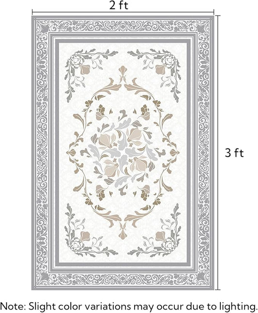 SOULFUL Medium Pile 2x3 Entryway Rug - Cozy Soft Underfoot Small Area Rug - Light Taupe Boho Floral - Washable Non-Slip - Perfect for Hallway Kitchen Bedroom Bathroom Indoor Entrance