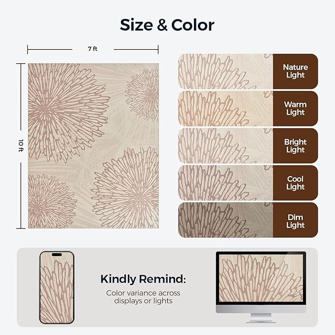 WITSHOCK 7x10 Area Rugs for Living Room: Beige Floral Washable Rugs for Bedroom Dining Room Office Nursery Modern Non-Slip Stain Resistant Low Pile Home Decor（Beige/Brown,7'x10'）