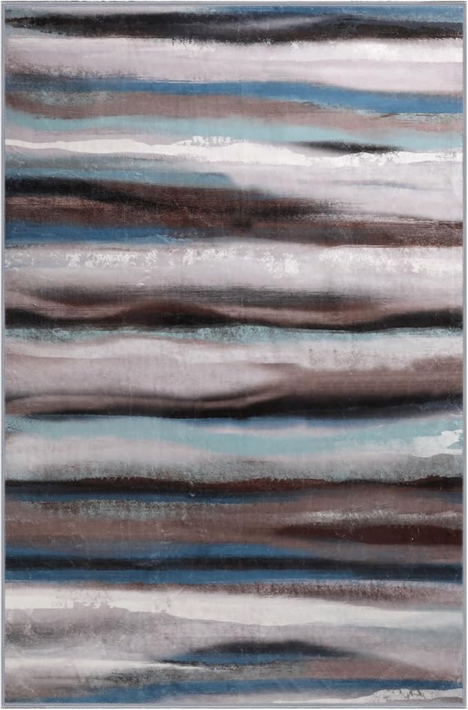 4x6 Abstract Rug for Entryway, Modern Stripe Washable Indoor Entry Way Area Rugs, Soft Non-Slip Door Mat Floor Carpet for Dining Room Kitchen Bedroom - Blue/Brown/Multi