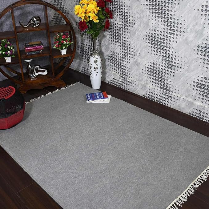 Rugsotic Carpets Hand Woven Flat Weave Kilim Wool ECO-Friendly Area Rugs - 4'x6', Rectangle Shape, Light Silver Color, Solid Plain Design, Low Pile Handmade Rugs for Living Room (D00111)