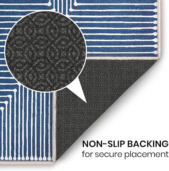 GLN Rugs Contemporary Collection - Machine Washable Area Rug, Contemporary Washable, Non Slip, Low Pile Chenille Rug, Living Room, Bedroom, Kitchen Rug (5'3" Round Lines Blue)
