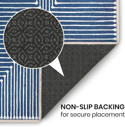 GLN Rugs Contemporary Collection - Machine Washable Area Rug, Contemporary Washable, Non Slip, Low Pile Chenille Rug, Living Room, Bedroom, Kitchen Rug (9' x 12' Lines Blue)