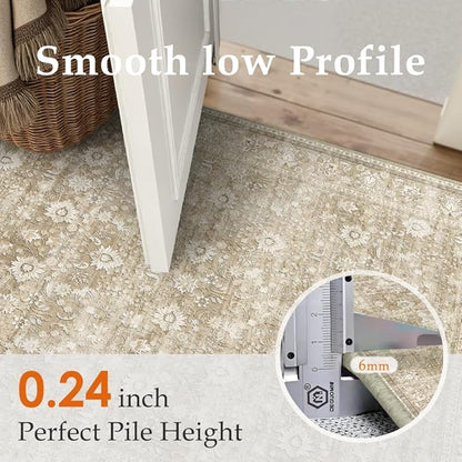 HUGEAR 8x10 Machine Washable Rugs Beige Hallway Large Area Rug Indoor Accent Rug Floral Low Pile Carpet Soft Throw Aesthetic Rug Bedroom Living Room Office Dining Room Kitchen Laundry Room