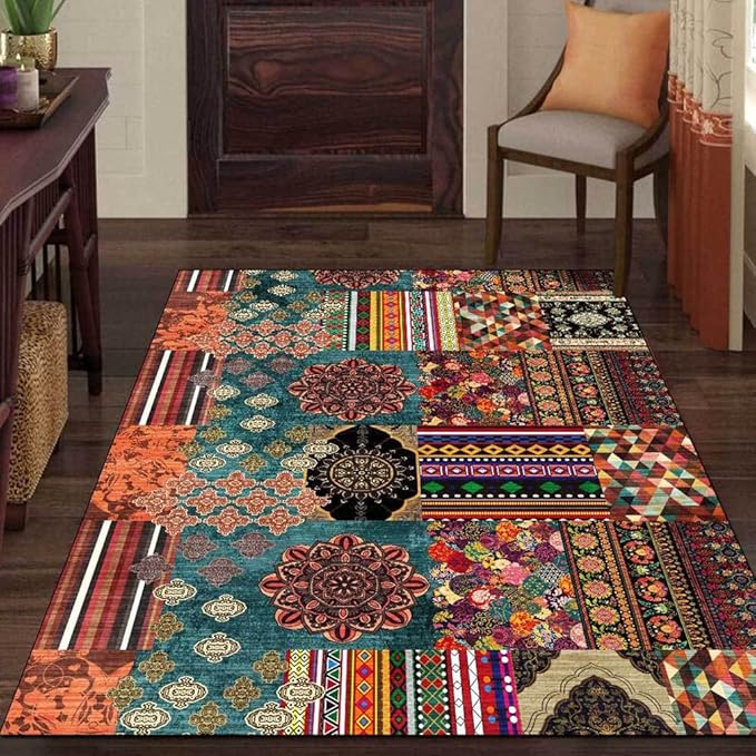 Vintage Boho Area Rugs Multicolor Ethnic Style Geometric Splicing Carpets Bedroom Living Room Kitchen Floor Mats Indoor Outdoor Non-Shedding Runner Rug Home Décor Carpet 3' X 8'