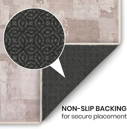GLN Rugs Contemporary Collection - Machine Washable Area Rug, Contemporary Washable, Non Slip, Low Pile Chenille Rug, Living Room, Bedroom, Kitchen Rug (8' x 10' Abstract Tan)
