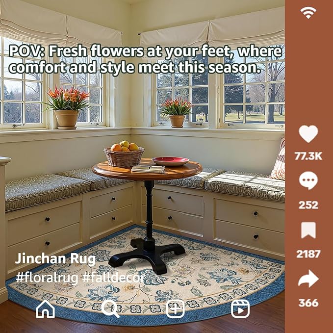 jinchan Elora Floral Corner Rug for Living Room Washable Bedroom Rug Vintage Romance Design Non Slip Quarter Circle Lightweight Low-Pile Throw Carpet for Reading Nook Playroom, 6ft Radius, Blue/Beige