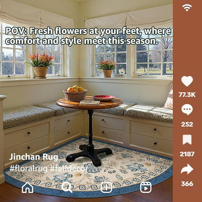 jinchan Elora Floral Corner Rug for Washable Nursery Rug Vintage Romance Design Non Slip Quarter Circle Lightweight Low-Pile Throw Carpet for Playroom Reading Nook Office, 5ft Radius, Blue/Beige